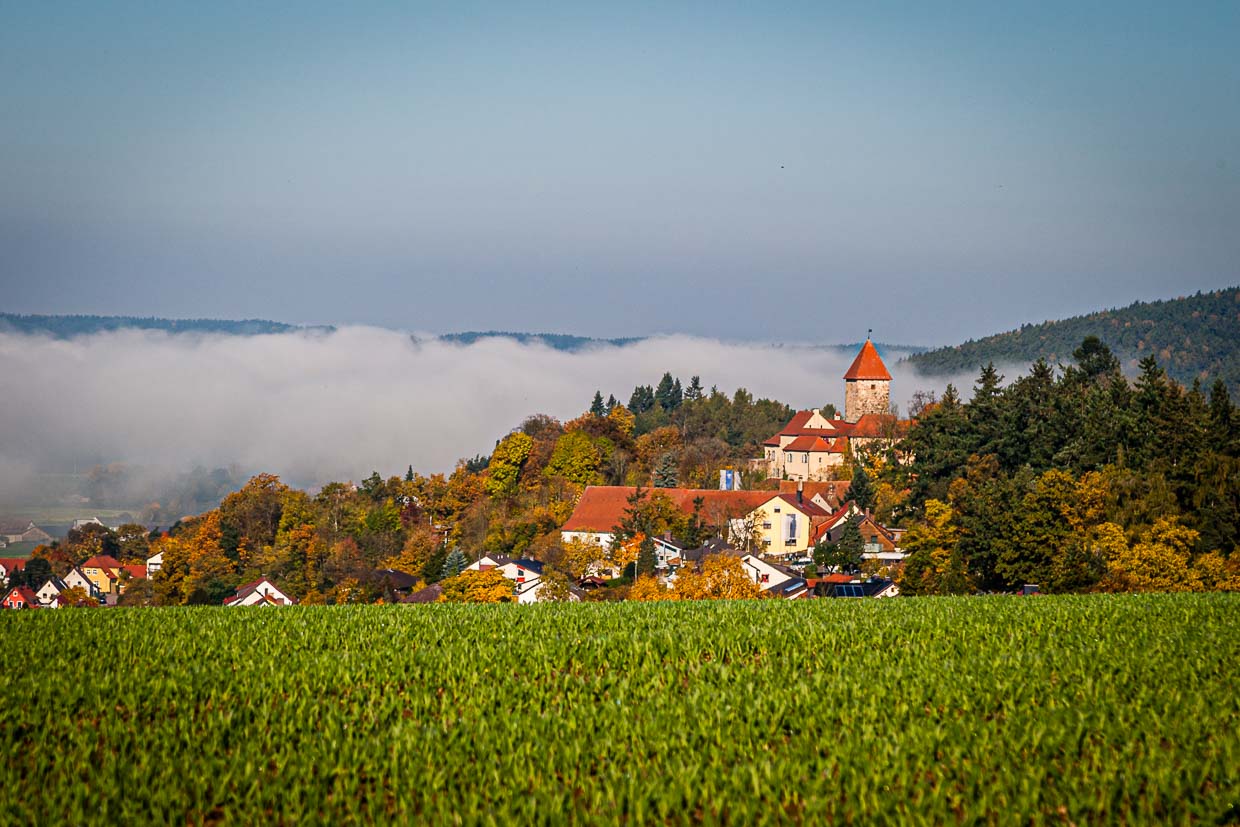The green hilly landscape of the Upper Palatinate and in the middle of it in the morning mist lies Wernberg Castle / © Photo: Georg Berg
