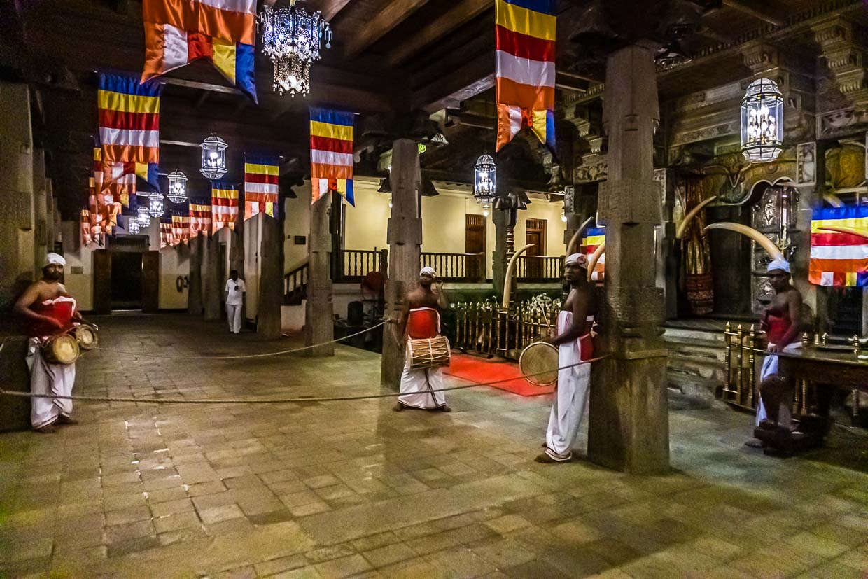In the spacious entrance area of the Temple of the Tooth in Kandy, musicians who have inherited this art form from their fathers play the drums, while upstairs, where photography is not allowed, the faithful crowd in front of the reliquary / © Photo: Georg Berg