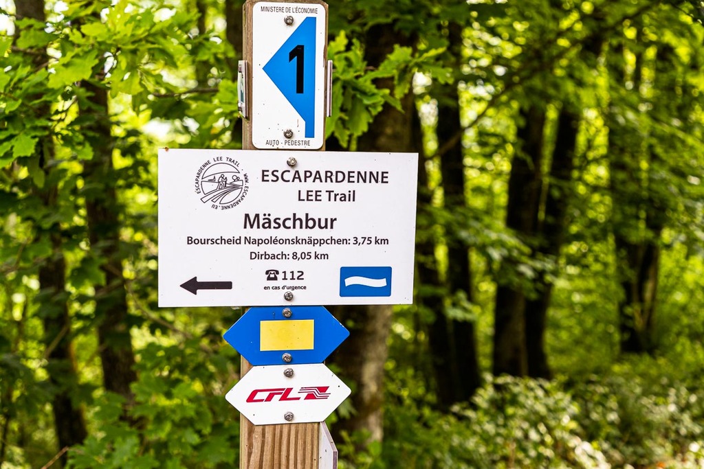 Walking from station to station is well signposted in Luxembourg. The lower sign "CFL" is an indication that the route also passes through a train station. Throughout the country there are these CFL hiking trails with a train station at the beginning and at the end. So you can just hop on and go back to the starting point for free / © Photo: Georg Berg