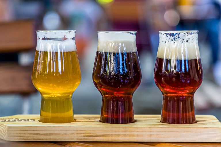 In the beer garden in Lana, you can taste the product range of the Pfefferlechner home brewery from tasting glasses / © Photo: Georg Berg