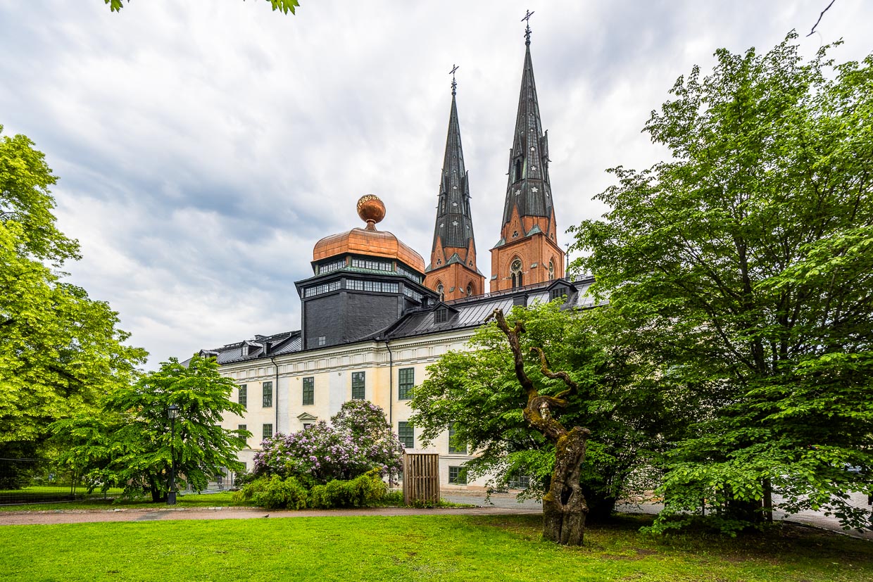 View from Uppsala University Park to Gustavianum with new dome and the cathedral spires / © Photo: Georg Berg